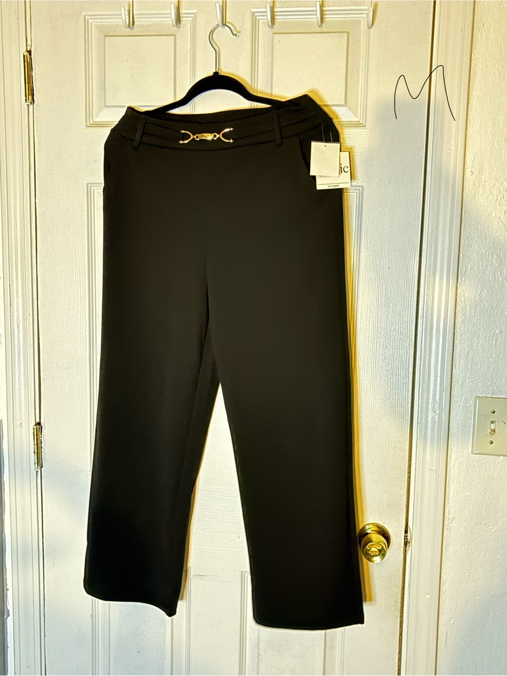 Women's Black Wide-Leg Dress Pants with Gold Accent